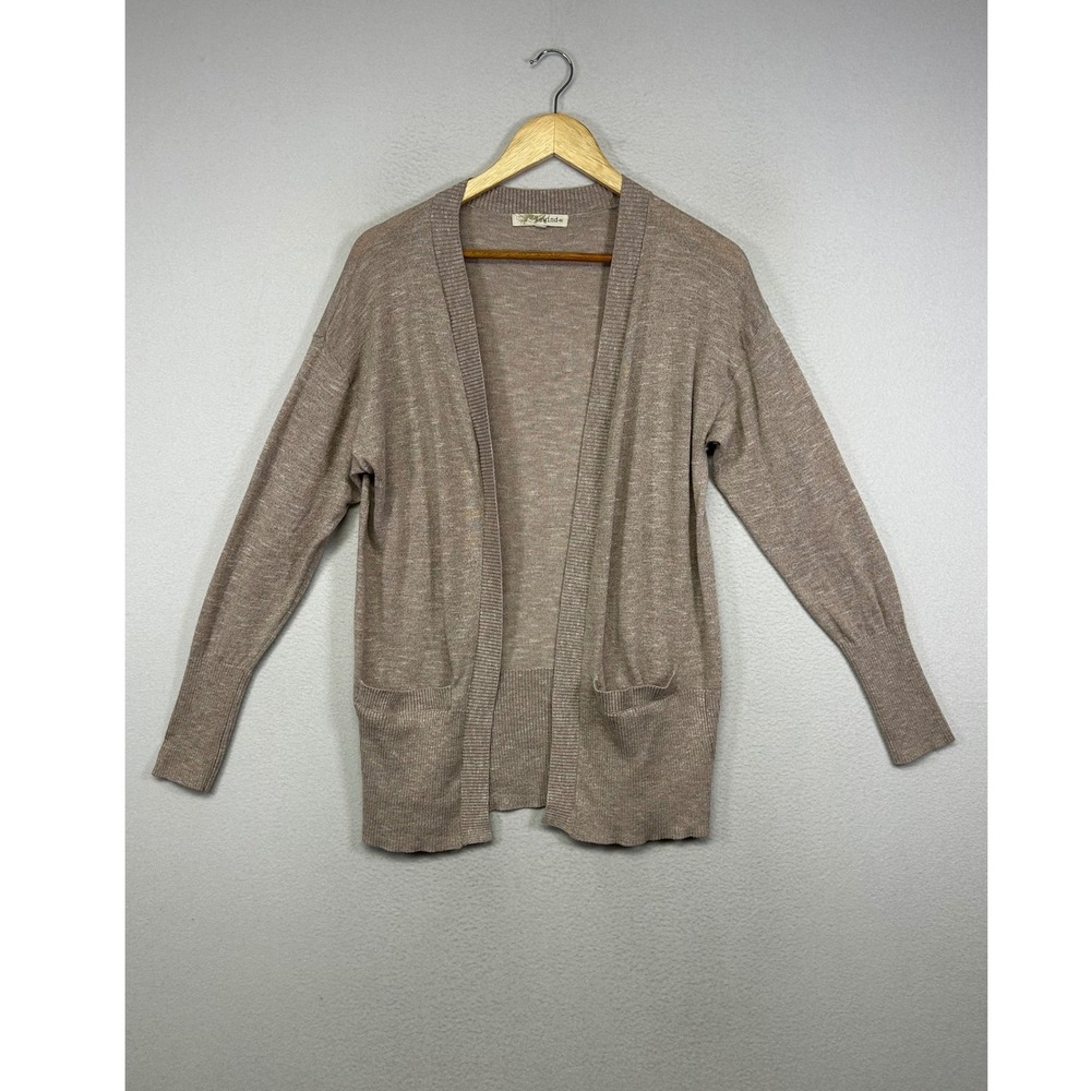 Minimalist Rewind Women Large Tan Marled Open Front Pocket Knit Cardigan Sweater